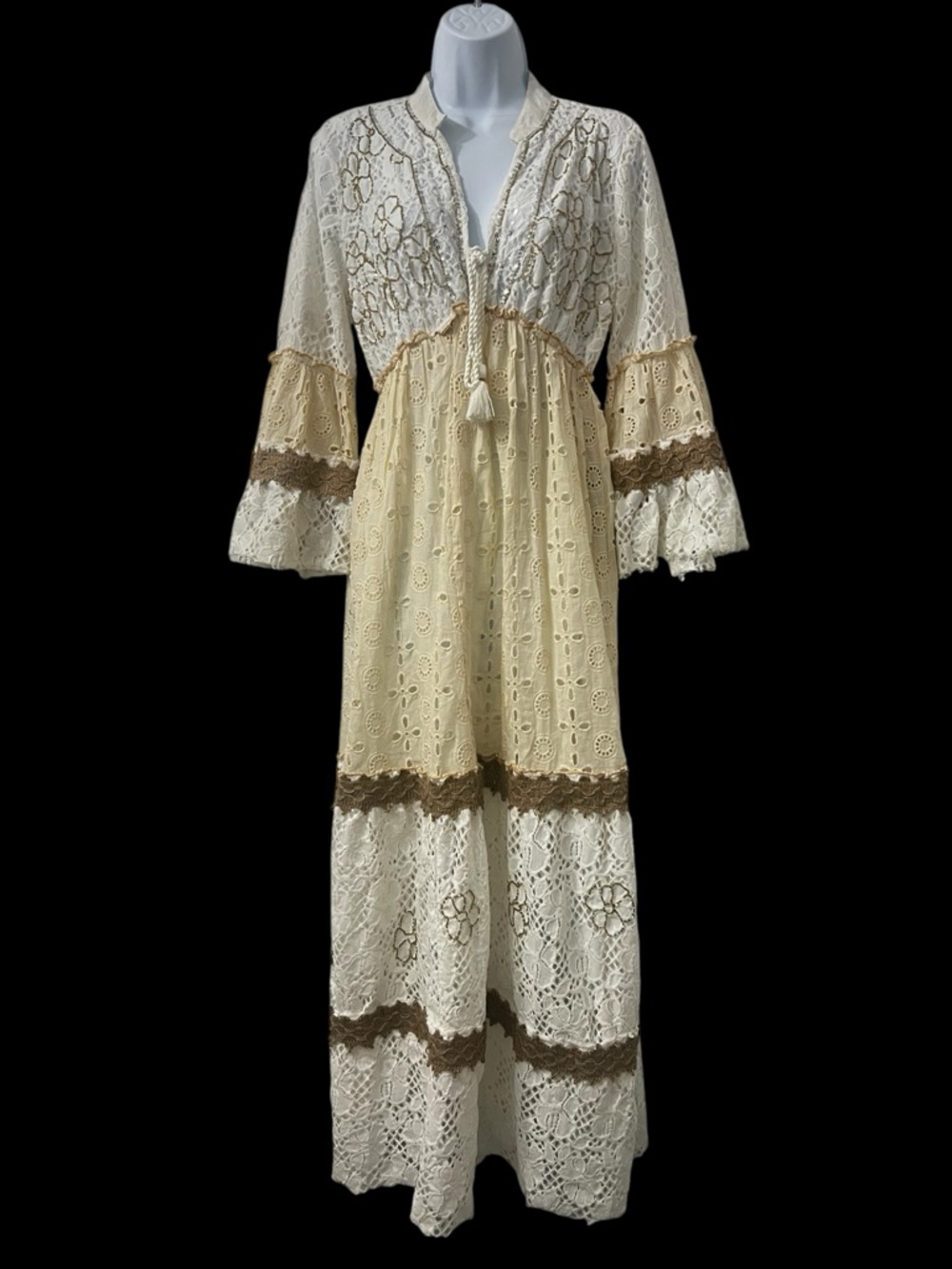 Women’s Lace Embroidered Bell Maxi Dress Cottage Boho Festival Peasant One Size